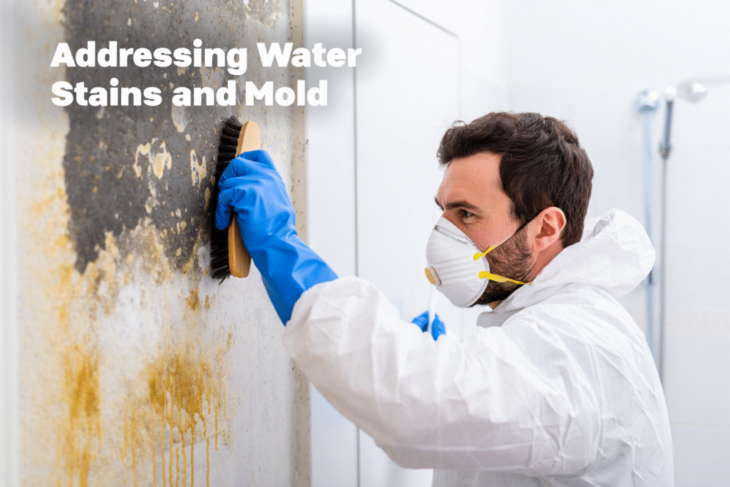 A moldy wall and a man trying to scrub it with a brush the words addressing water stains and mold​