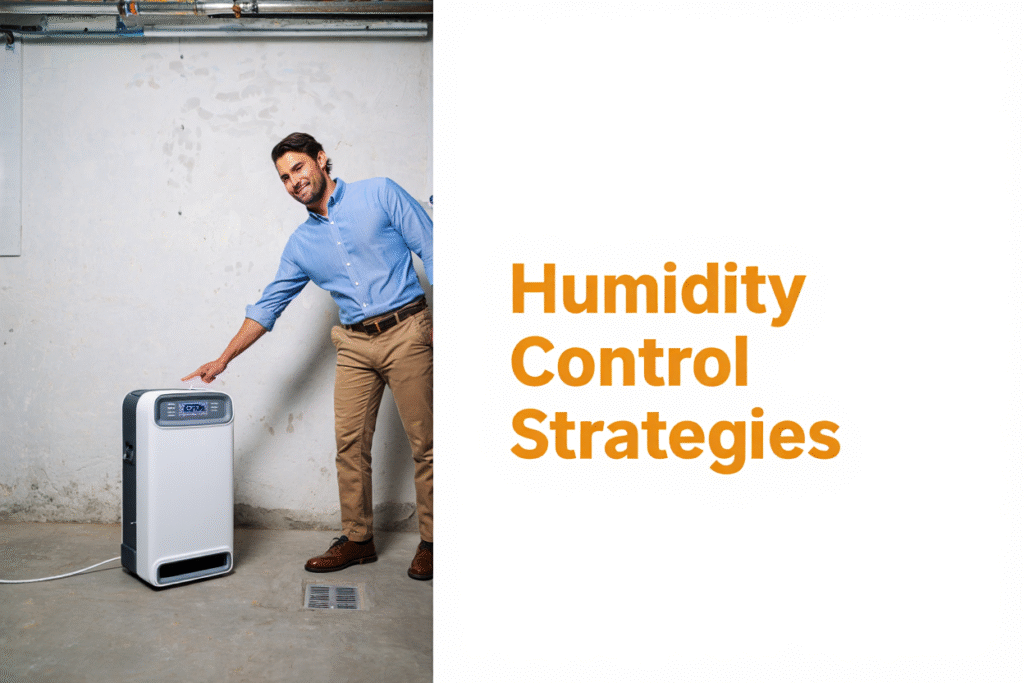 ​a dehumidifier sitting in a basement, a man pointing at it, the words humidity control strategies are in bright orange