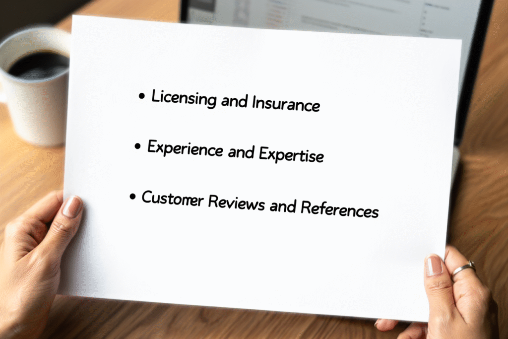 ​a woman looking at a sheet of paper from pov, the list has 3 items licensing and insurance experience and expertise customer reviews and references