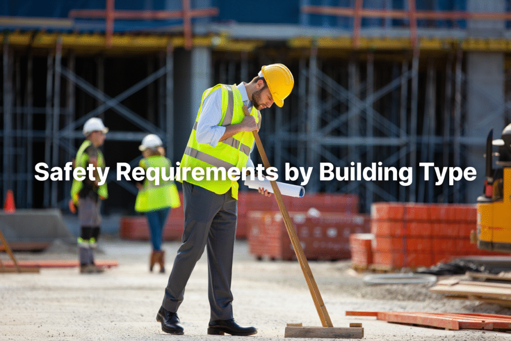 ​a man checking safety on a construction site with overlay text safety requirements by building type