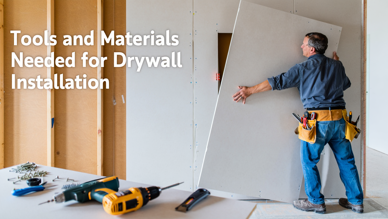 ​a man installing a sheet of drywall with text overlay Tools and materials needed for drywall installation