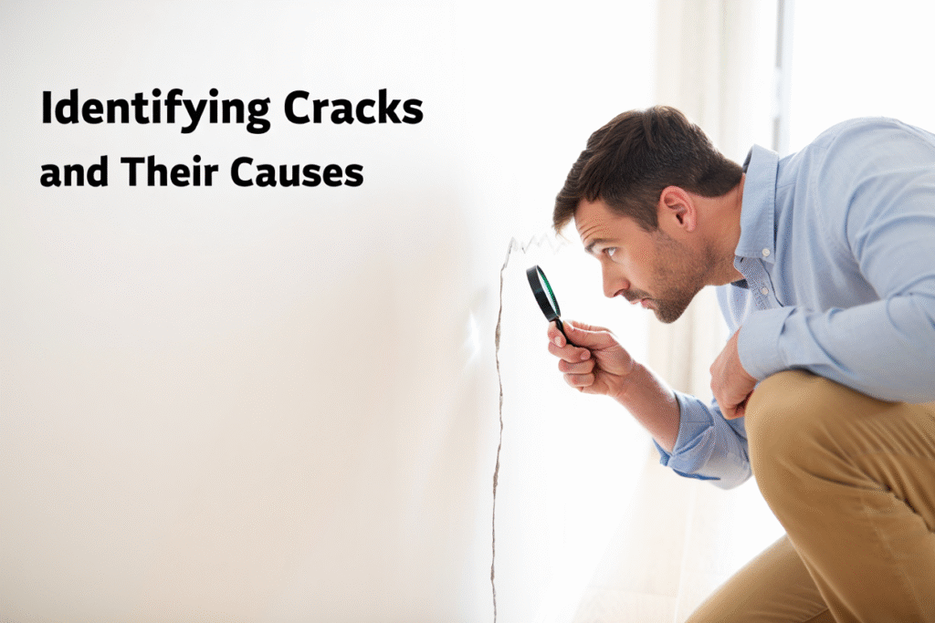 ​a small crack in drywall and a man with a magnifying glass looking at it. the words identifying cracks and their causes