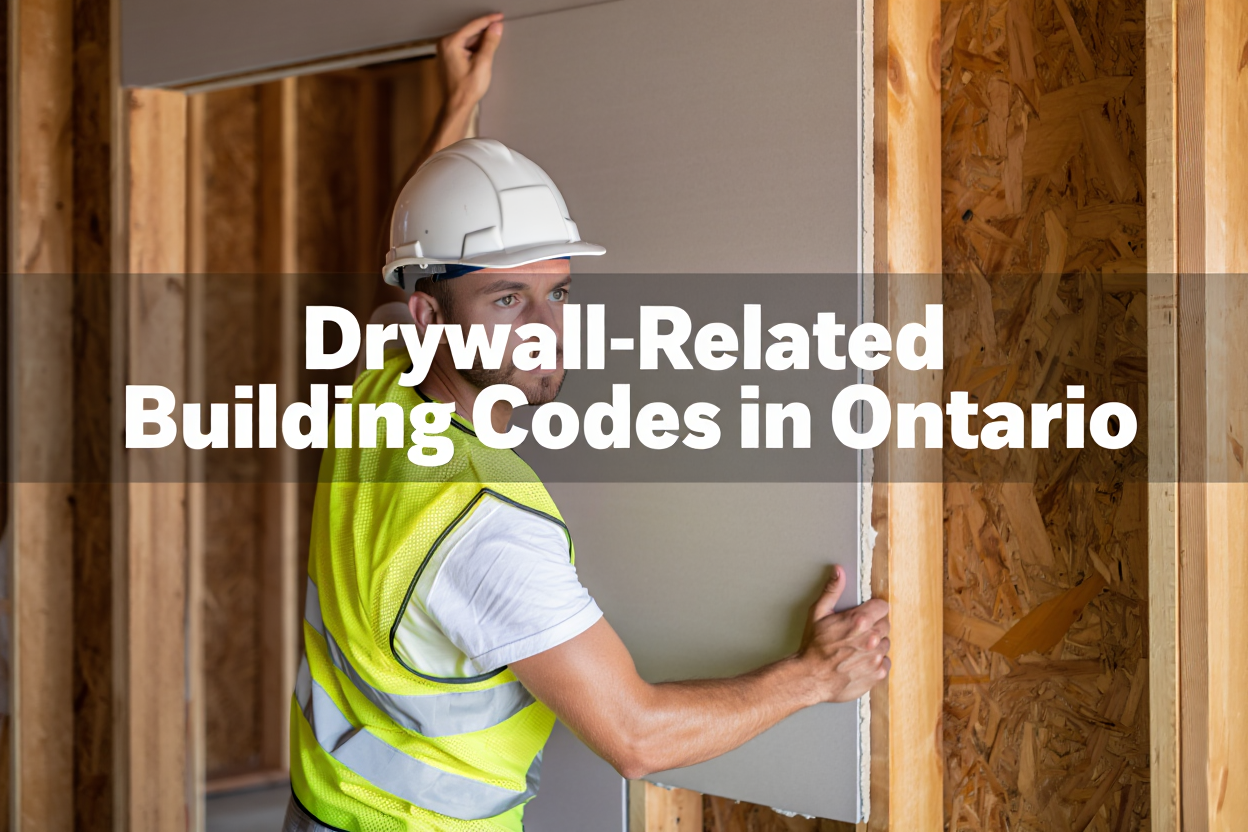 ​an image of a man installing drywall and text overlay drywall related building codes in ontario