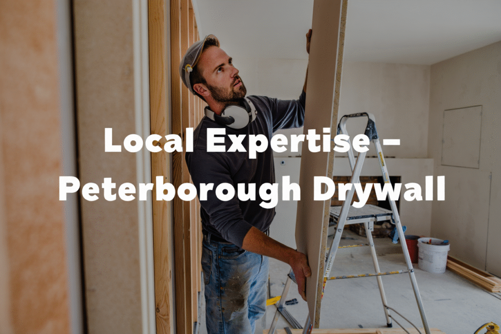 ​a man installing drywall with text overlay local expertise peterborough drywall