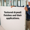 ​a man installing drywall, on the drywall sheet it says textured drywall finishes and their applications